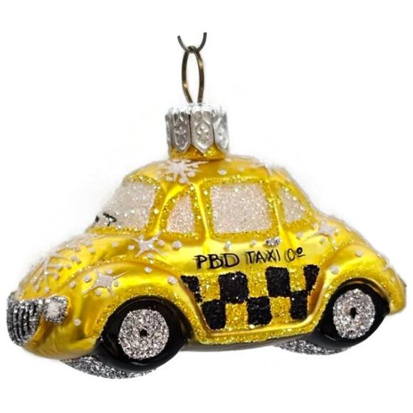 Patricia Breen Miniature Taxi Yellow Snowflakes Signed Christmas Tee Ornament - Picture 5 of 11
